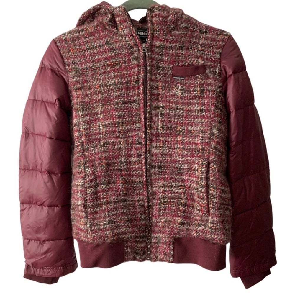 Women's Maroon Tweed & Quilted Hooded Jacket